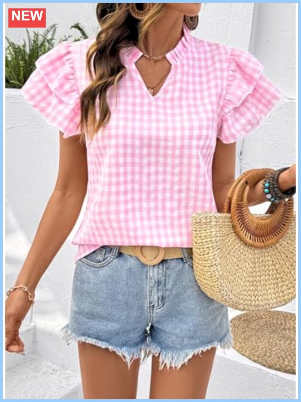 V Neck Ruffle Sleeve Peplum Blouse Gingham Plaid Cotton Blend Top - Picture 3 of 5